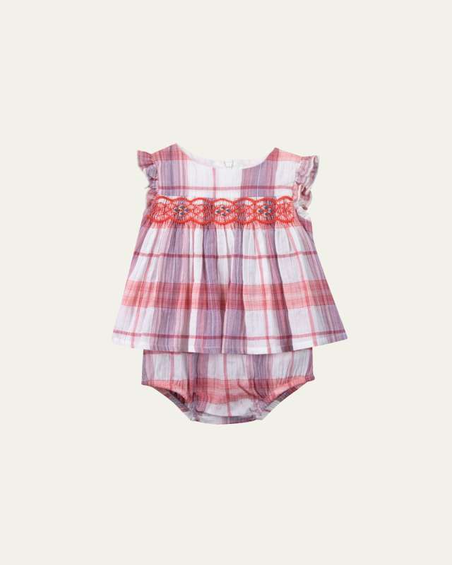 Girl's Plaid-Print Smocked Dress W/ Bloomers, Size 6M-
